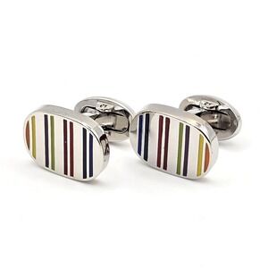 Mens Silver Tone Multi Color Enamel Striped Oval Whale Back Modern Cufflinks